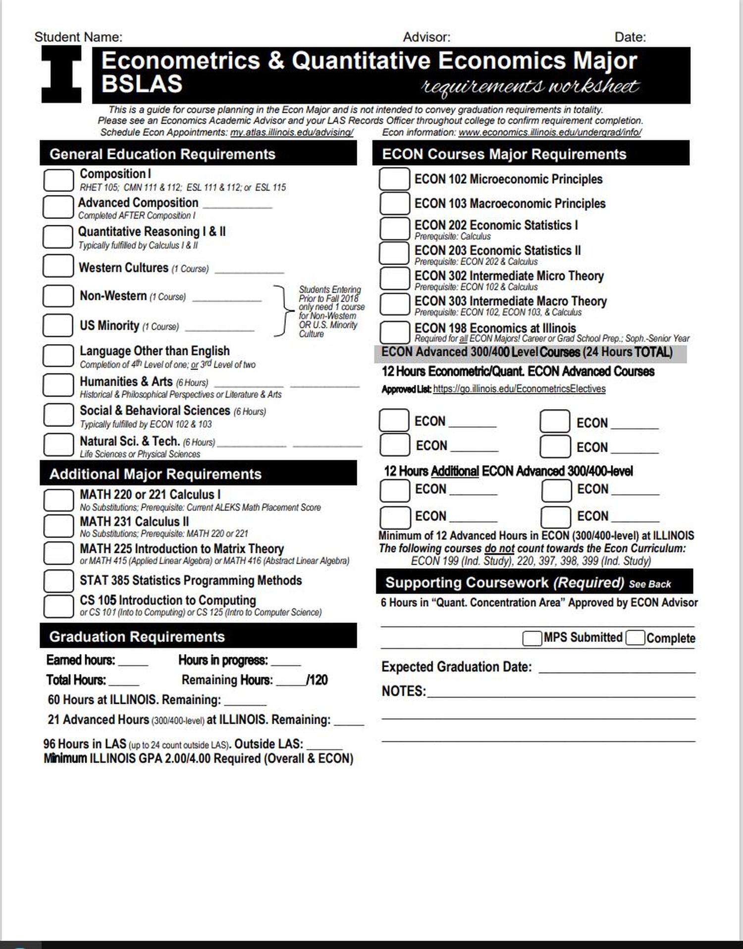 Econometrics & Quantitative Economics Major Requirement sheet 